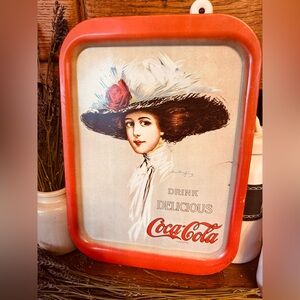 1971 Coca-Cola Rustic Tray with Elegant Victorian Lady in Red and Cream Graphic